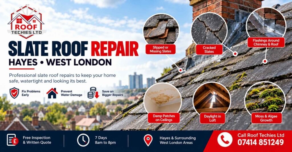 Professional slate roof repair in Hayes and West London showing slipped and cracked slates, damaged chimney flashing, moss growth, ceiling damp patches and daylight entering the loft.
