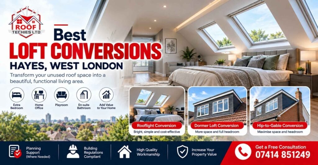 Best loft conversions in Hayes, West London, featuring a modern loft bedroom, rooflight conversion, dormer loft conversion and hip-to-gable conversion by Roof Techies Ltd.