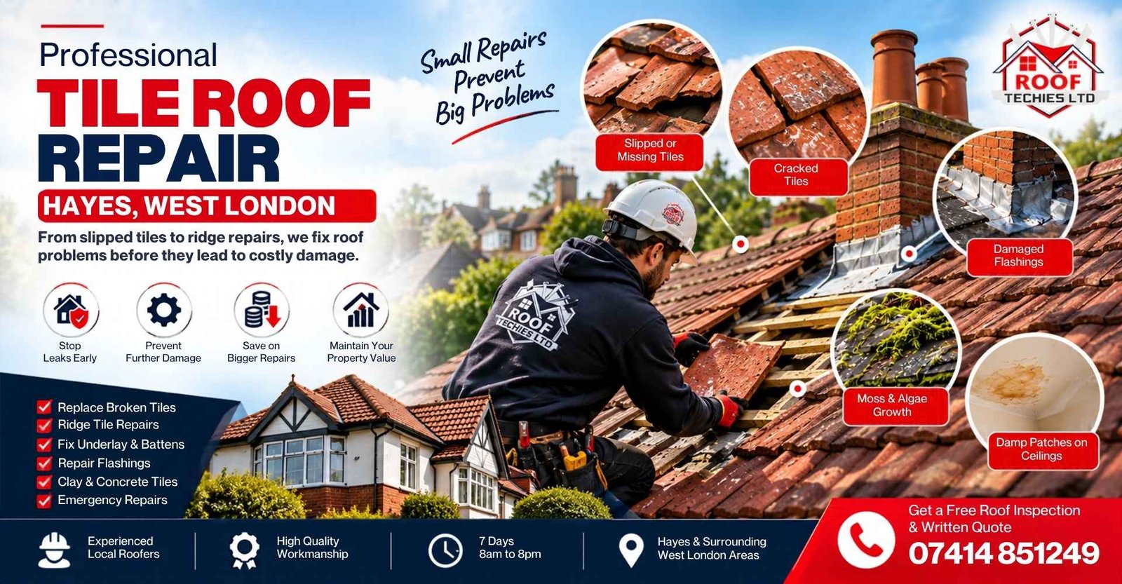 Tile Roof Repair Hayes West LondonWest London, showing a roofer replacing broken roof tiles, with callouts for slipped tiles, cracked tiles, damaged flashings, moss growth and ceiling damp patches.