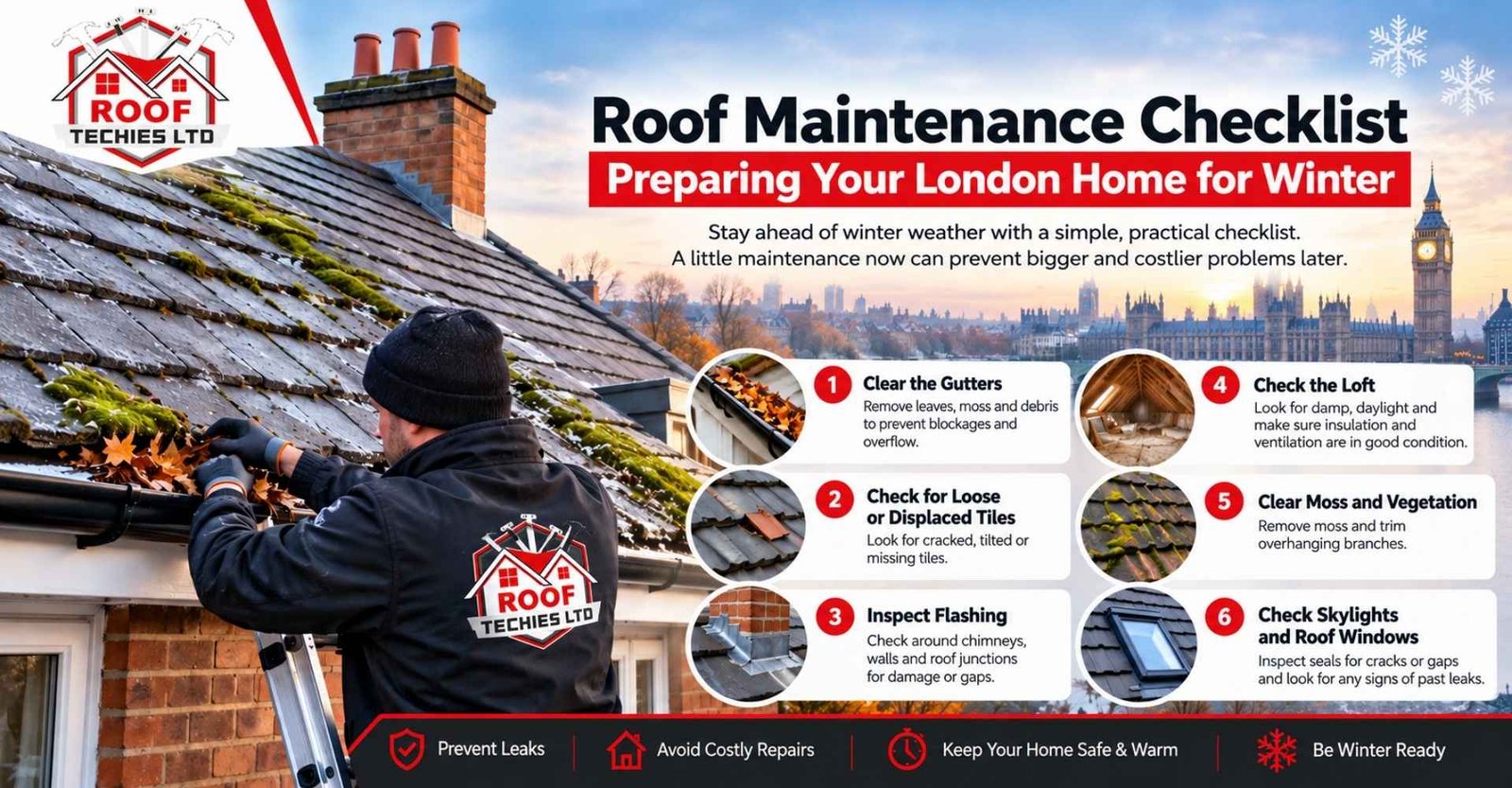 Roof maintenance checklist for preparing a London home for winter, including gutter cleaning, loose tile checks, flashing inspection, loft inspection, moss removal and skylight maintenance by Roof Techies Ltd.